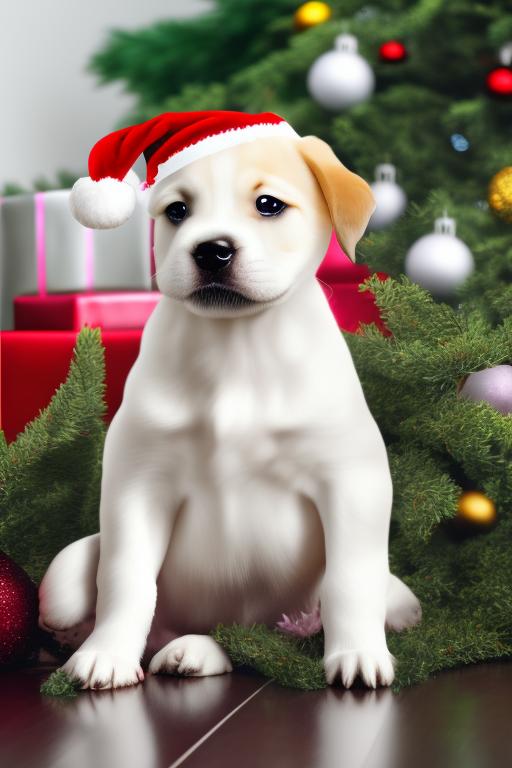  white Puppy in front of christmas tree and gifts  